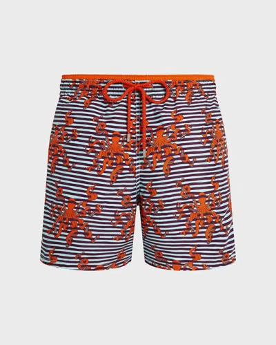 Vilebrequin Men Bicolor Swim Shorts Octopus In Stripes In Blue