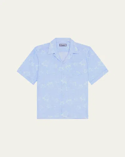 Vilebrequin Men's Bubble Turtles Linen Short-sleeve Shirt In Blue