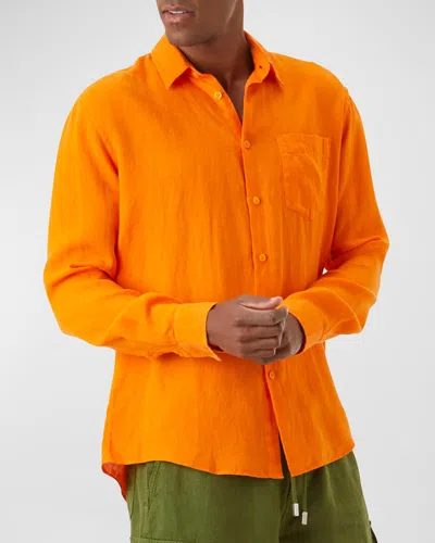 Vilebrequin Men's Caroubis Solid Linen Sport Shirt In Orange