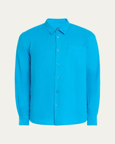 Vilebrequin Men's Caroubis Solid Linen Sport Shirt In Hawaii Blu