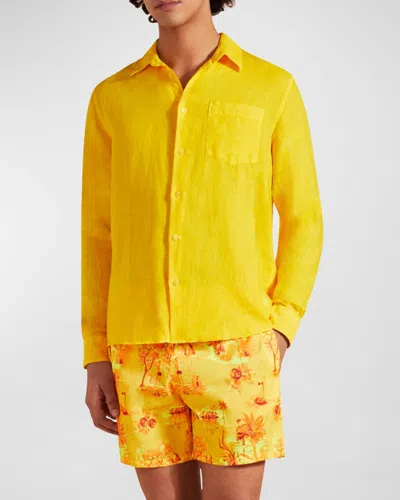 Vilebrequin Men's Caroubis Solid Linen Sport Shirt In Yellow