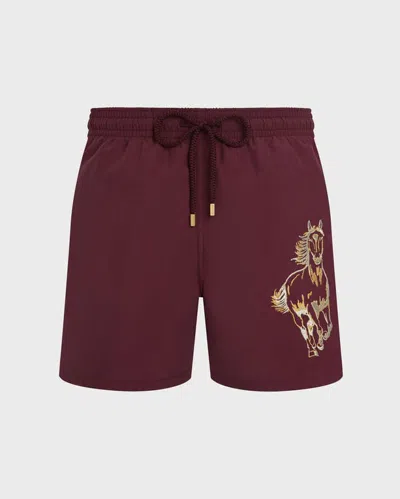 Vilebrequin Drawstring-fastening Horse-print Swim Shorts In Burgundy