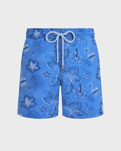 Vilebrequin Men Embroidered Swim Trunks Island Flowers In Blue