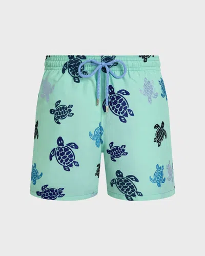 Vilebrequin Men Embroidered Swim Trunks Ronde Des Tortues In Green