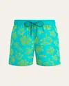 Vilebrequin Ultra-light And Packable Flocked Swim Shorts Tropical Turtle In Green