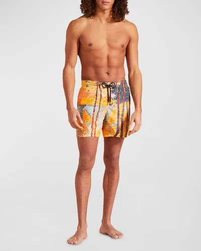 Vilebrequin Men's Voile & Pins Printed Swim Trunks In Yellow