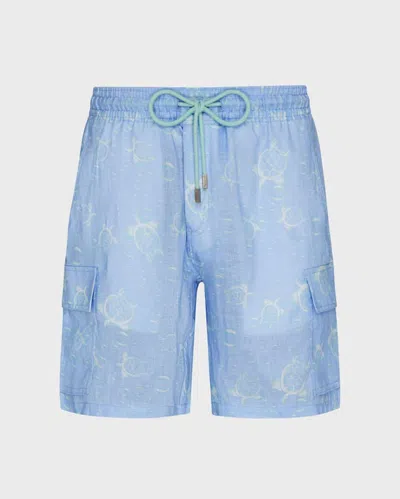Vilebrequin Men Linen Bermuda Shorts Bubbles Turtles 3d In Blue