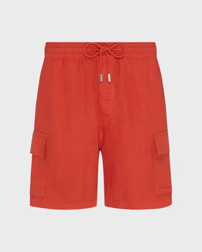 Vilebrequin Men Linen Bermuda Shorts Cargo Pockets In Red