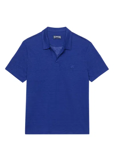 Vilebrequin Men Linen Jersey Polo Shirt Solid Marrakech Blue