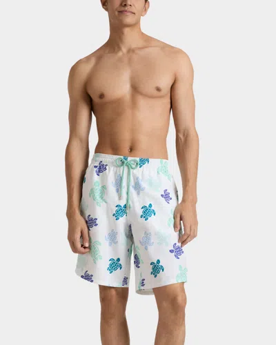 Vilebrequin Men Long Swim Shorts Tortues Multicolores In White
