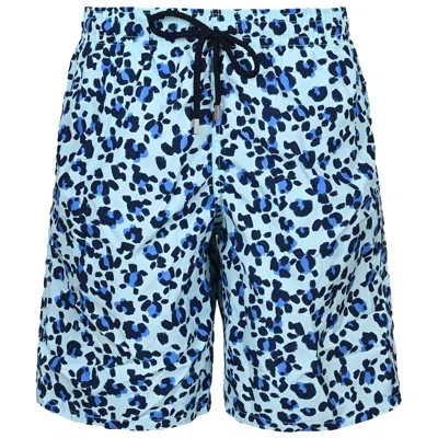 Vilebrequin Men Long Swim Shorts Turtles Leopard In Blue
