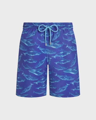 Vilebrequin Men Long Ultra-light And Packable Swim Shorts Sparkling Whales In Blue
