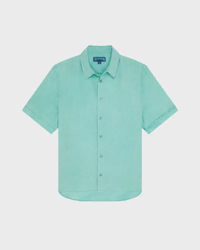 Vilebrequin Men Mineral Dye Linen Bowling Shirt In Green
