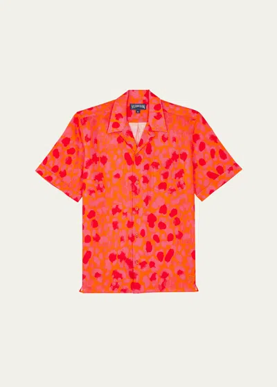 Vilebrequin Men's New Leopard Linen Camp Shirt In Abricot