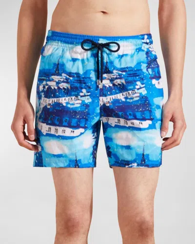 Vilebrequin Men's Paris-print Swim Shorts In Neo Blue