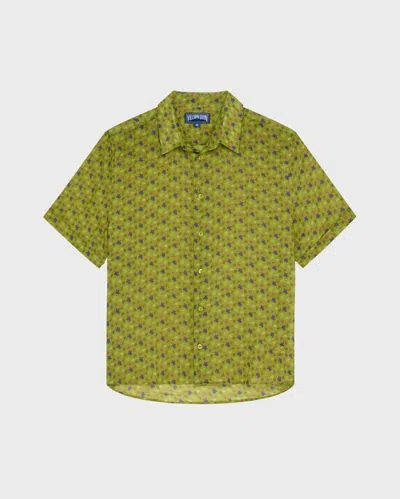 Vilebrequin Men Ramie Bowling Shirt Micro Ronde Des Tortues In Green