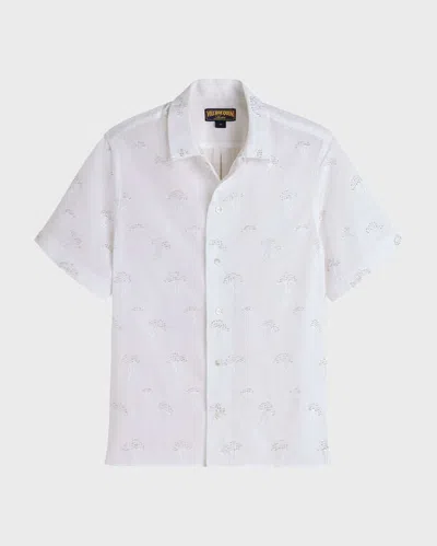 Vilebrequin Men Short Sleeve Beaded Jellyfish Embroidered Cotton Voile Shirt In Weiss