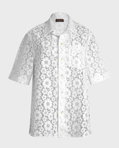 Vilebrequin Men Short Sleeve Floral Guipure Shirt In Weiss
