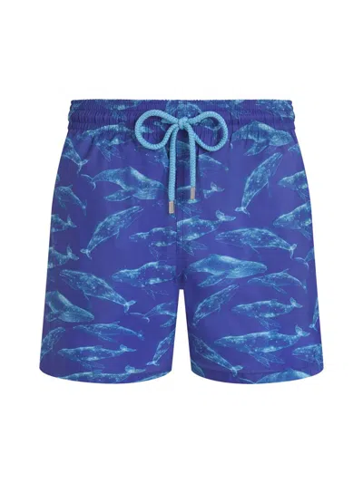 Vilebrequin Men Long Ultra-light And Packable Swim Shorts Sparkling Whales In Blue