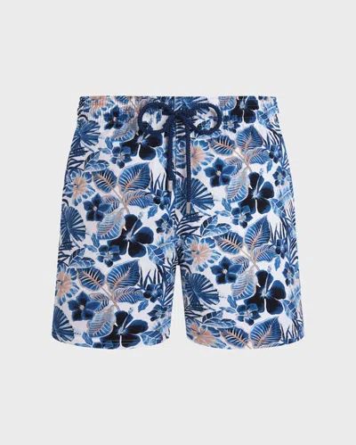 Vilebrequin Men Stretch Short Swim Shorts Island Flowers In Blue