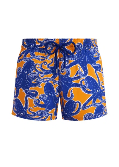 Vilebrequin Men Stretch Short Swim Shorts Poulpes Mango/orange In Blue