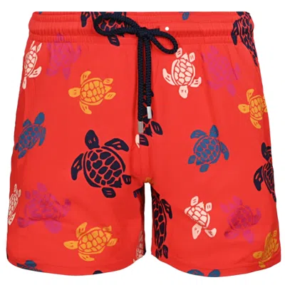 Vilebrequin Men Stretch Swim Shorts Ronde Des Tortues Multicolores Poppy Red