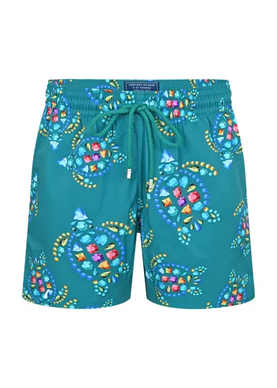 Vilebrequin Men Swim Shorts Vendome Turtle Fanfare Green In Blue