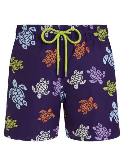 Vilebrequin Men's Swim Shorts With Multicolour Turtle Print In Purple