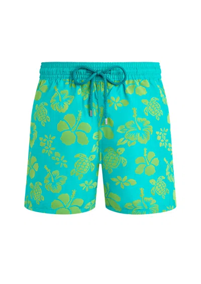 Vilebrequin Men Ultra-light And Packable Flocked Swim Shorts Tropical Turtle In Green
