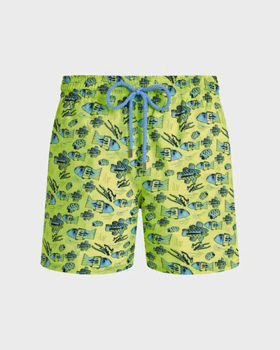 Vilebrequin Men Ultra-light And Packable Swim Shorts Fishies Drawing In Green