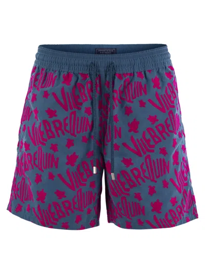 Vilebrequin Moorea Beach Shorts With Flocked Pattern In Avio