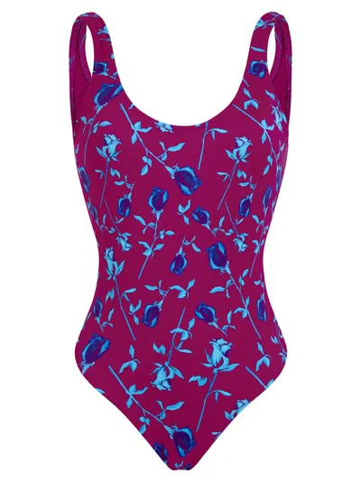 Vilebrequin One-piece Swimsuit With Floral Print And Deep Neckline In Purple