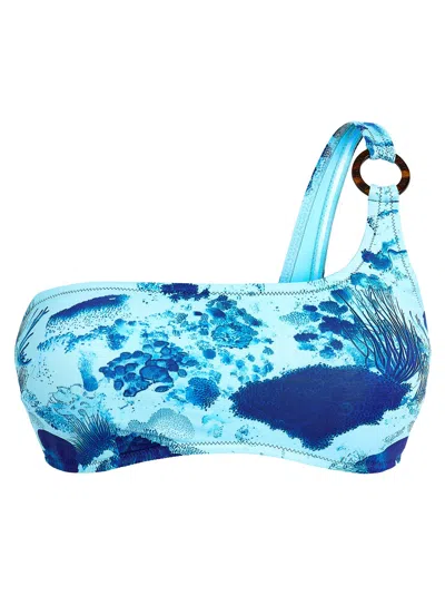Vilebrequin One Shoulder Bikini Top With Marine Print In Blue