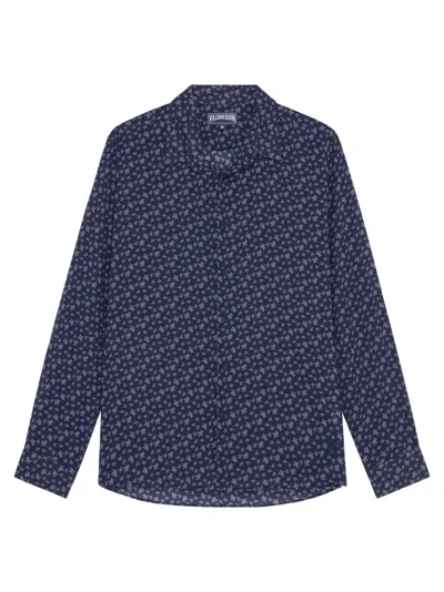 Vilebrequin Organic Cotton Shirt With Micro Turtle Print In Blue
