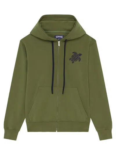Vilebrequin Organic Cotton Zip-up Hoodie With Embroidered Turtle In Green