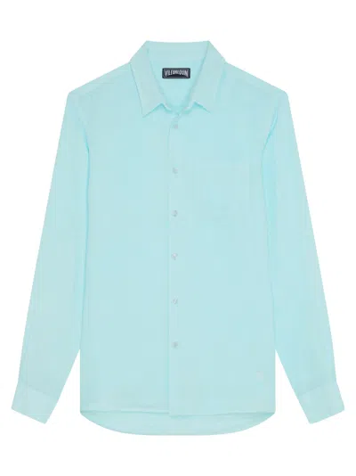 Vilebrequin Plain Linen Shirt With A Pocket In Blue