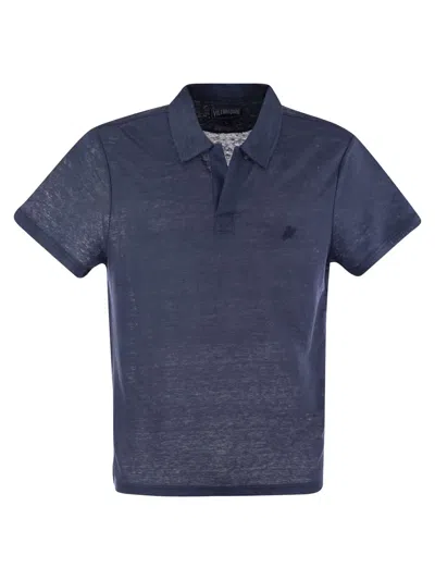 Vilebrequin Short-sleeved Linen Polo Shirt In Avio