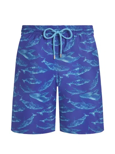 Vilebrequin Men Long Ultra-light And Packable Swim Shorts Sparkling Whales In Blue