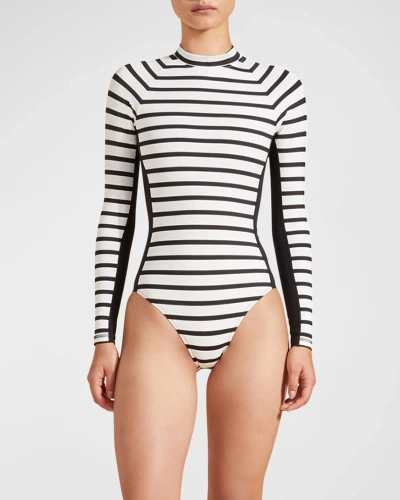 Vilebrequin Striped Rashguard One-piece Swimsuit In Noir Blanc