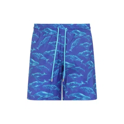 Vilebrequin Men Long Ultra-light And Packable Swim Shorts Sparkling Whales In Blue