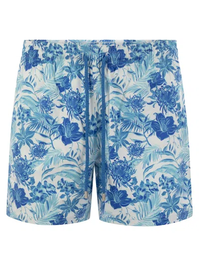 Vilebrequin Tahiti Flowers Beach Shorts In White/light Blue