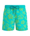 Vilebrequin Ultra-light And Packable Flocked Swim Shorts Tropical Turtle In Green