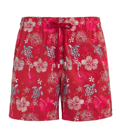 Vilebrequin Tropical Turtles Embroidered Mistral Swim Shorts In Red
