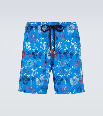 Vilebrequin Tropical Turtles Embroidered Swim Trunks In Bleu Neon 