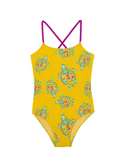 Vilebrequin Kids' Girl's Vendom Jeweled Turtle-print Swimsuit In Mais