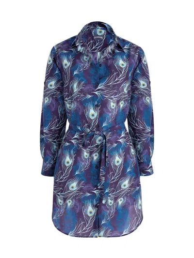 Vilebrequin Women's Eye Of The Wind Feather-print Cotton-silk Mini-shirtdress In Blue