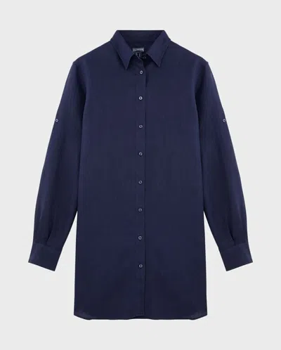 Vilebrequin Long-sleeve Linen Mini Dress In Blue