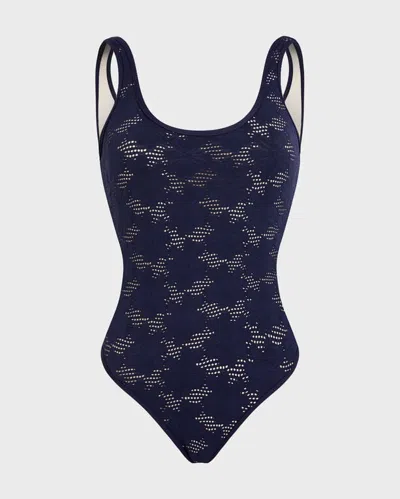 Vilebrequin Women Low-back One-piece Swimsuit Jacquard Fleur Broderie Anglaise In Blue
