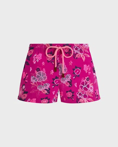 Vilebrequin Women Swim Shorts Embroiedered Flowers In Pink