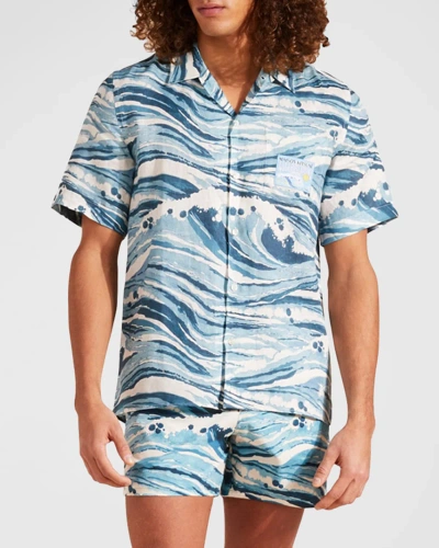 Vilebrequin X Maison Kitsune Men's Wave Linen Shirt In Blue